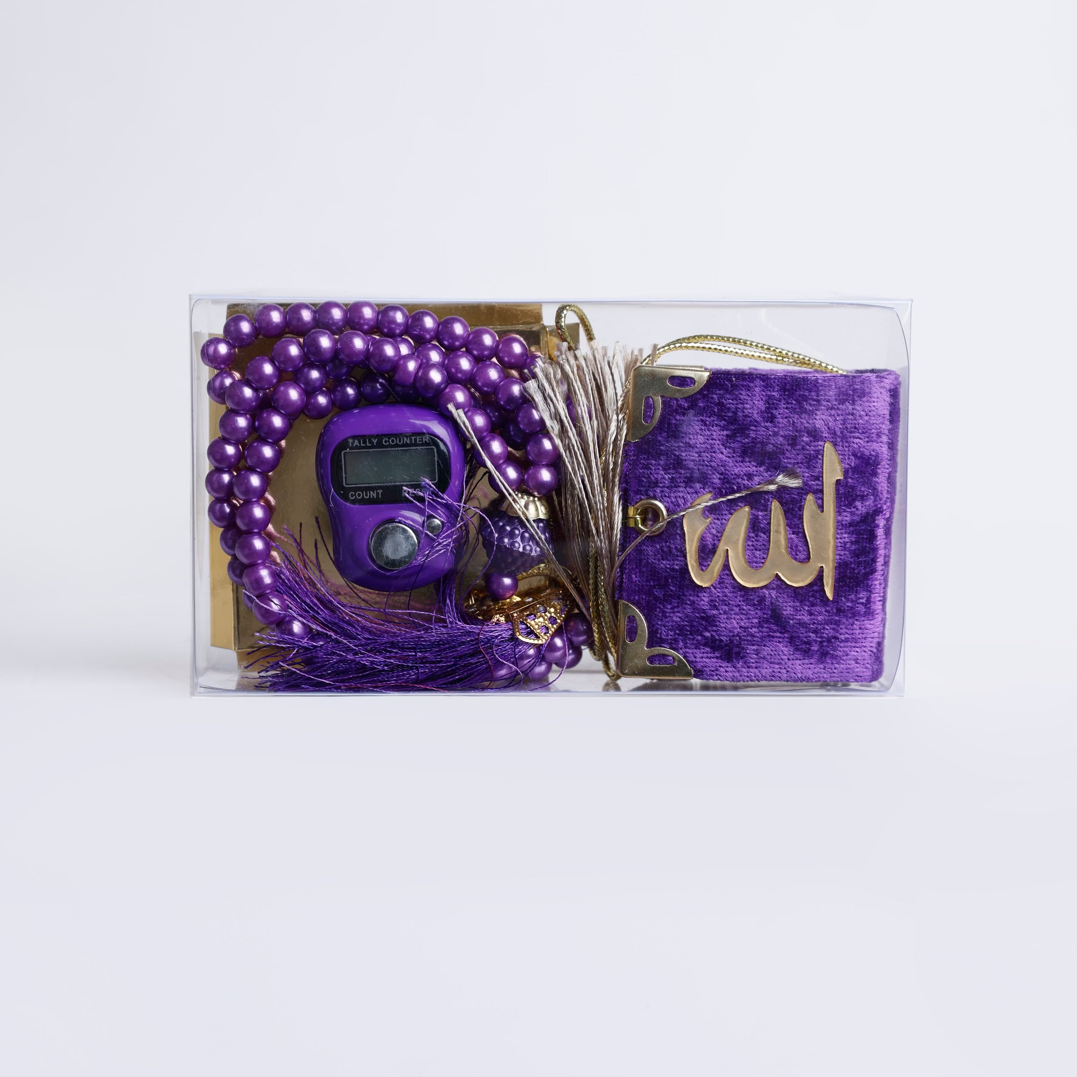 Purple Transparent Box Set – Small Quran, Tasbih, and Prayer Counter