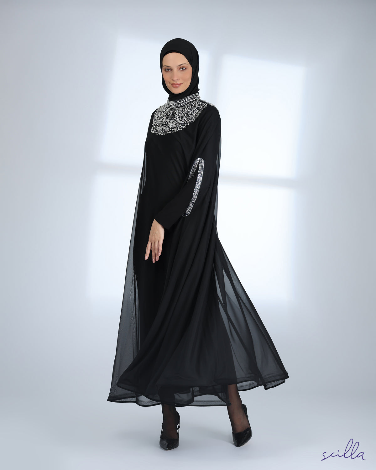 Black Embellished Lycra Abaya Dress