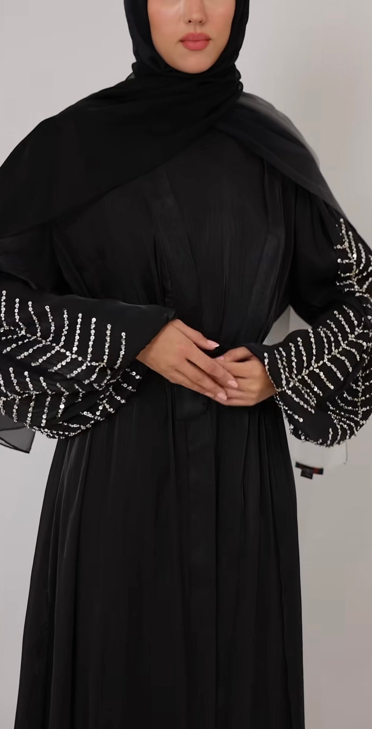 Black Twin Organza Abaya with Beaded Sleeves