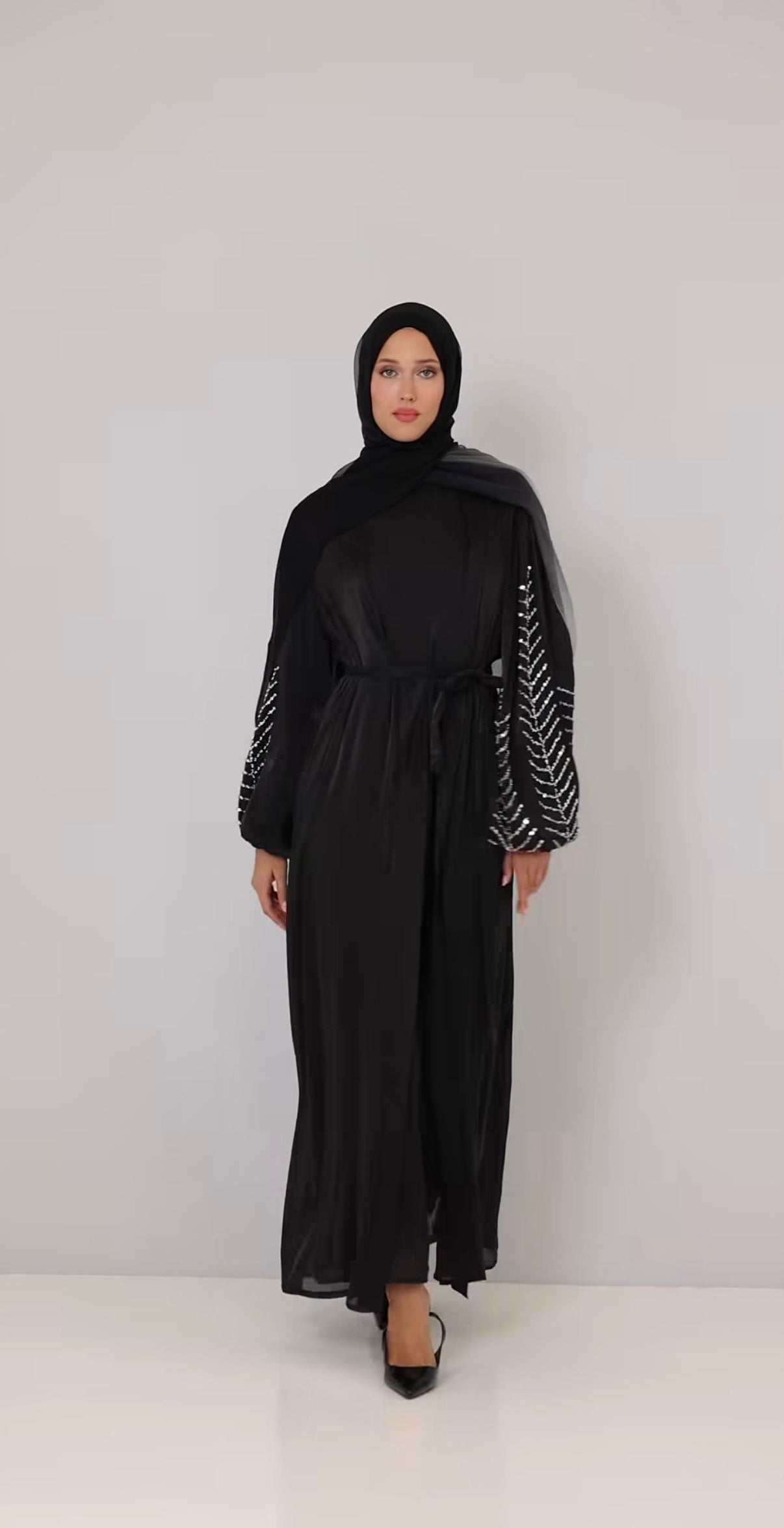 Black Twin Organza Abaya with Beaded Sleeves