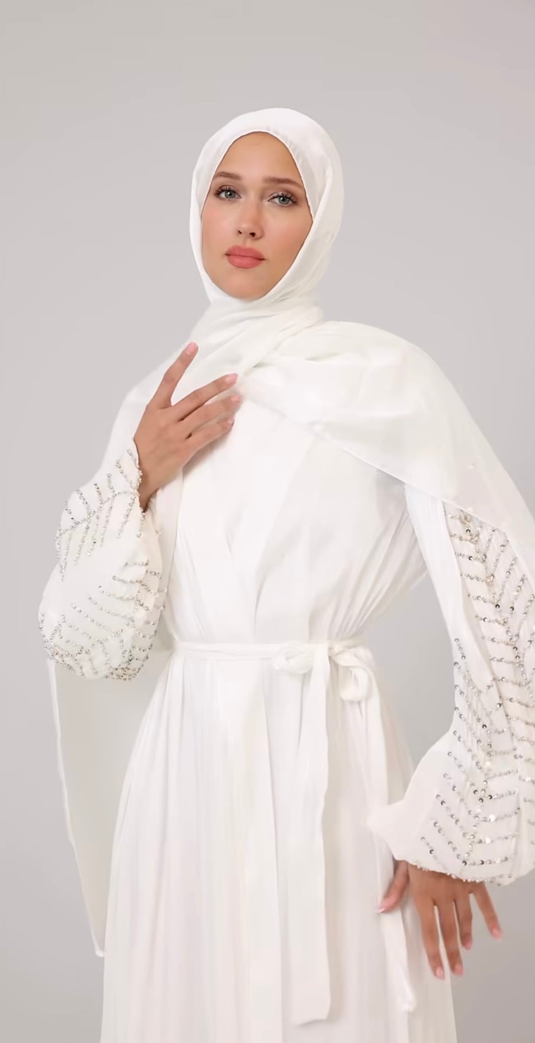 White Twin Organza Abaya with Beaded Sleeves