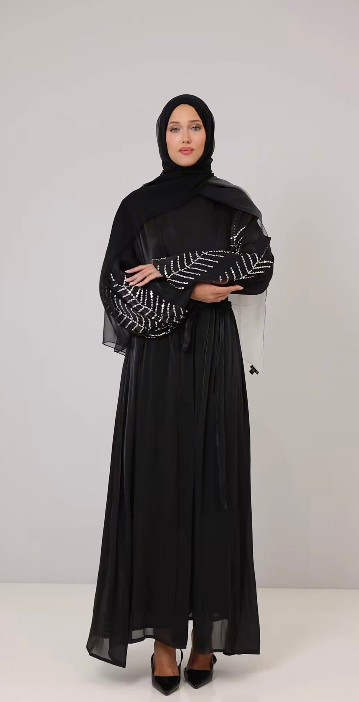 Black Twin Organza Abaya with Beaded Sleeves