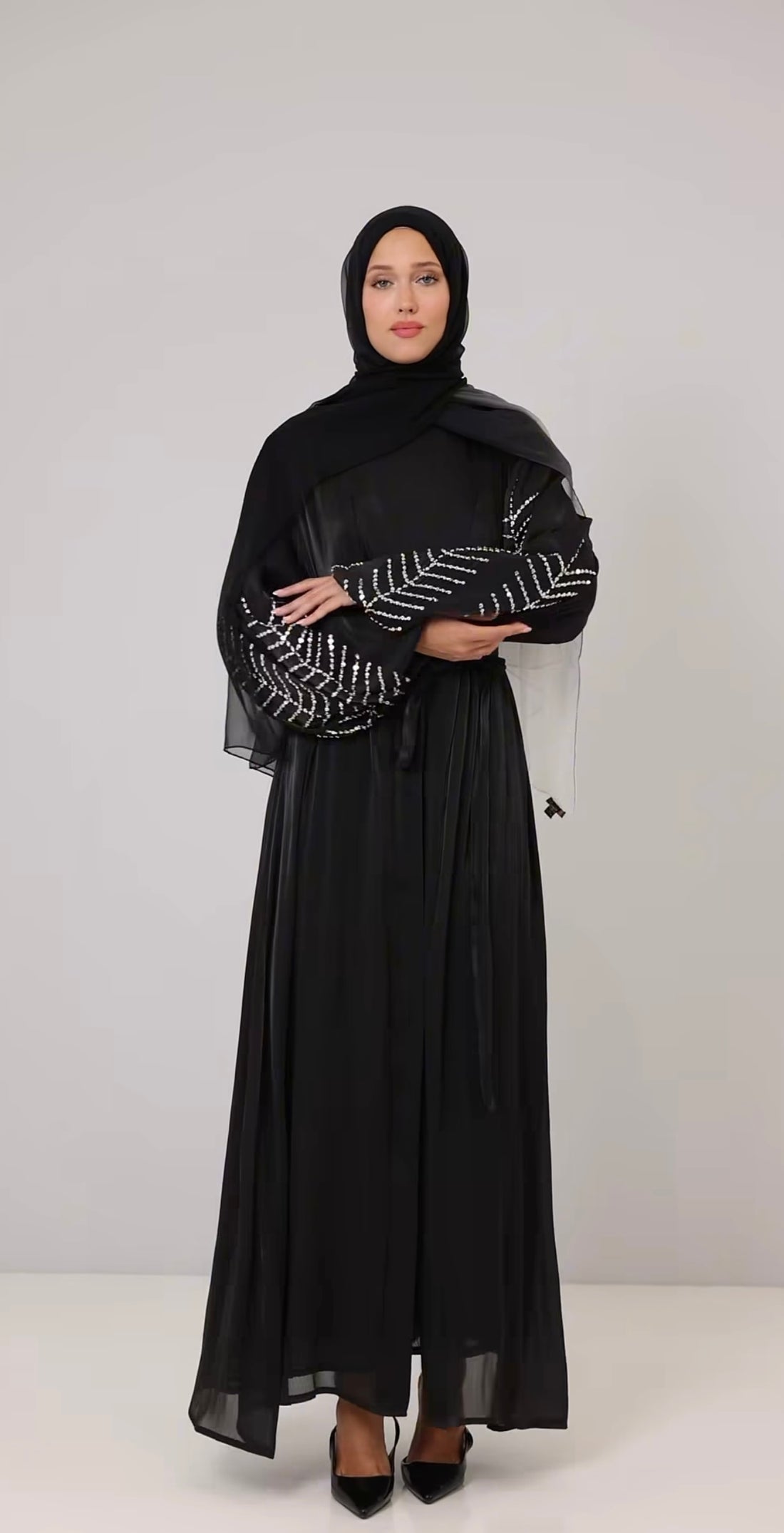 Black Twin Organza Abaya with Beaded Sleeves