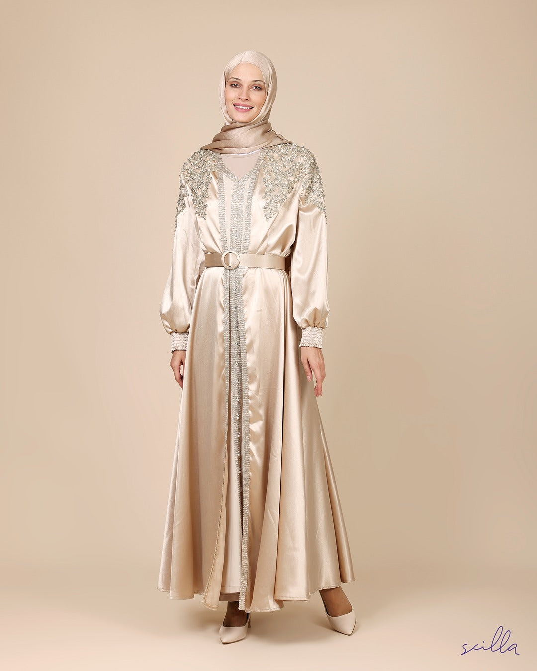 Gold Twin Satin Abaya with Gold Embroidery and Beads