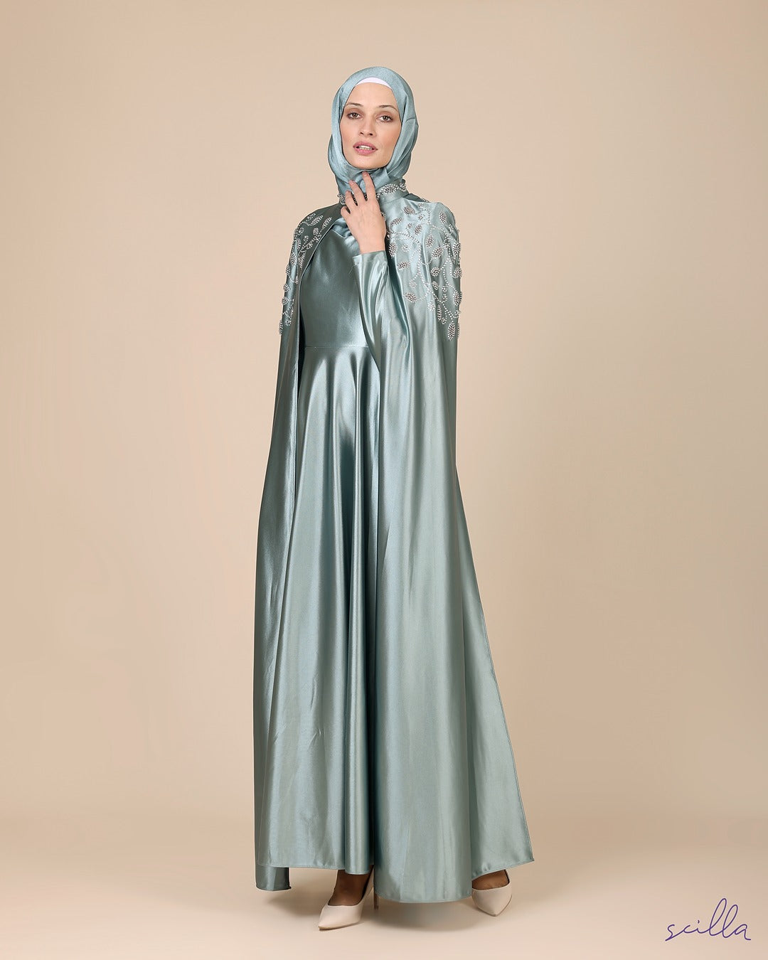 Green Satin Dress Abaya with Beaded Gown