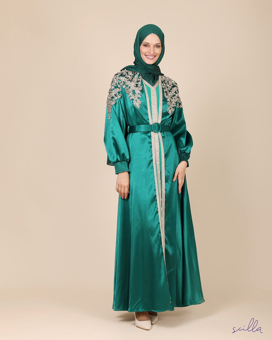 Green Twin Satin Abaya with Gold Embroidery and Beads