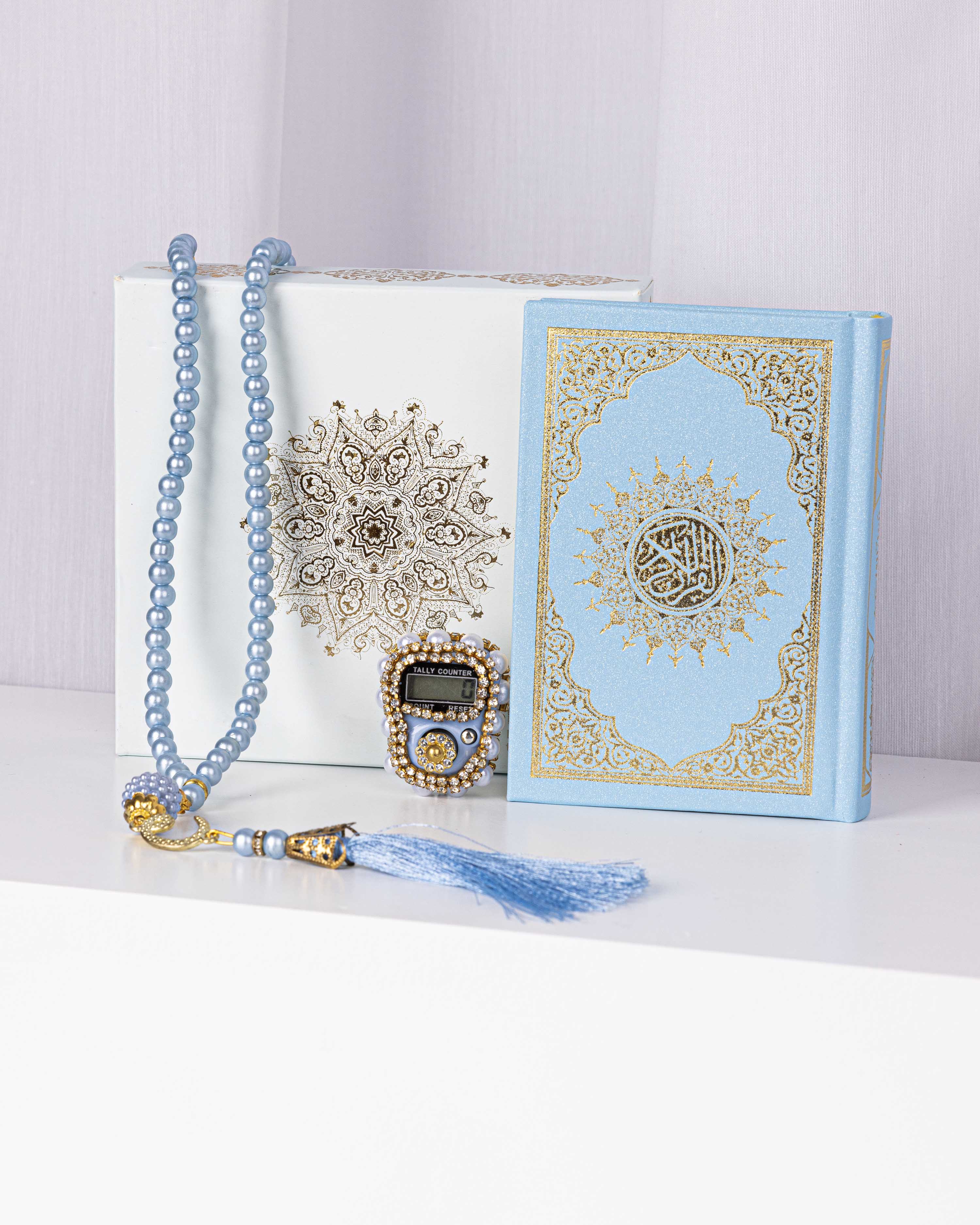 Blue Compact Set – Small Quran, Tasbih, and Prayer Counter