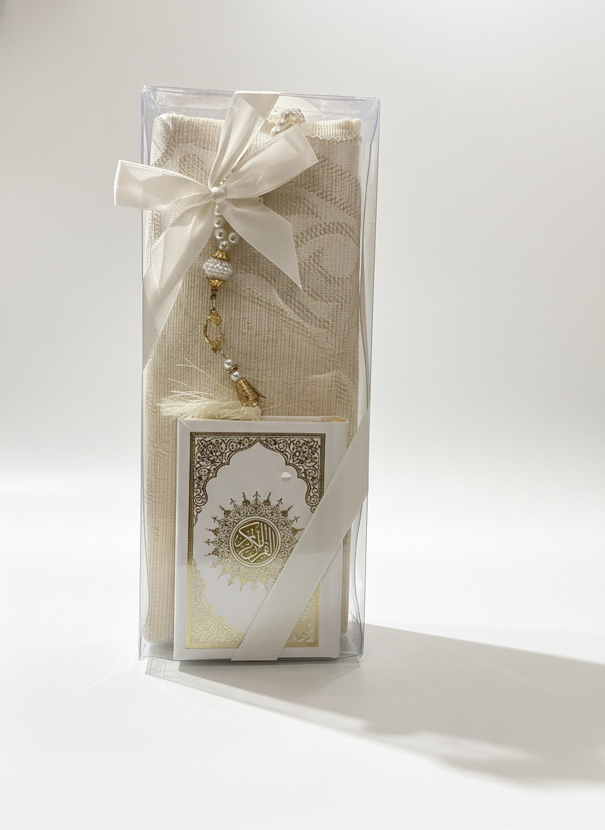 Off White Quran, Prayer Mat, and Tasbih Set