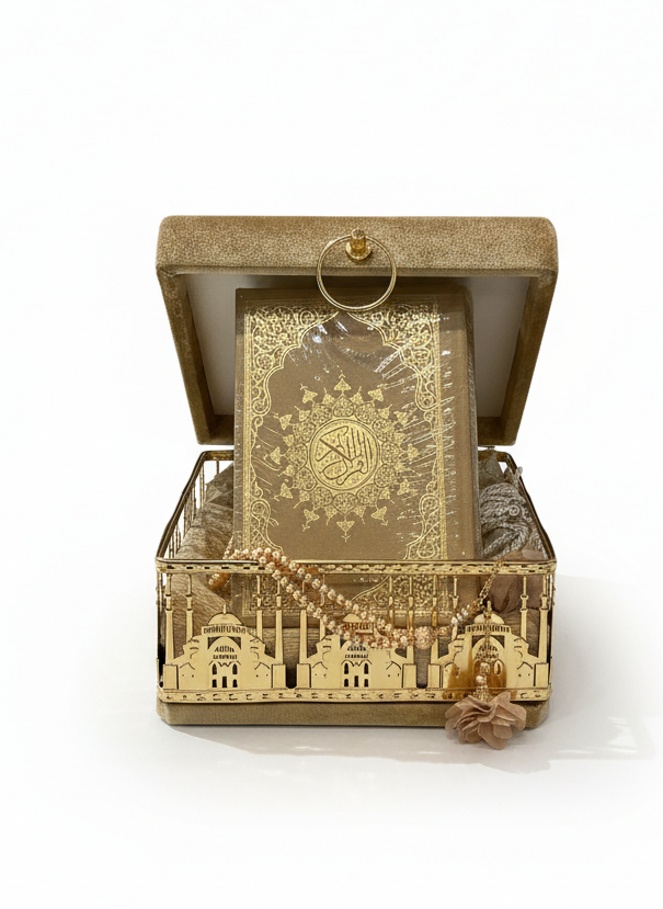 Gold Velvet Gift Box Set – Quran, Prayer Mat, and Tasbih