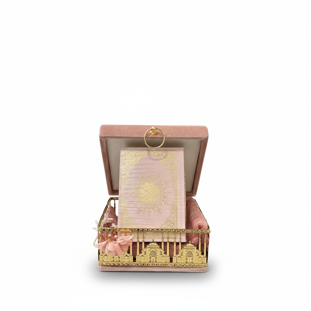 Pink Velvet Gift Box Set – Quran, Prayer Mat, and Tasbih
