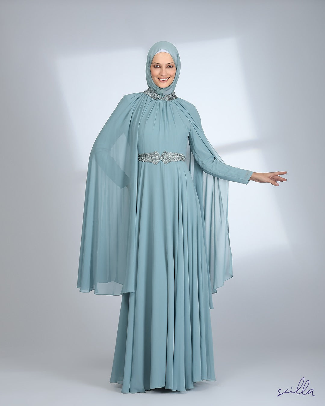 Mint Crepe Dress Abaya with Beads on Neck & Waist + Chiffon Gown