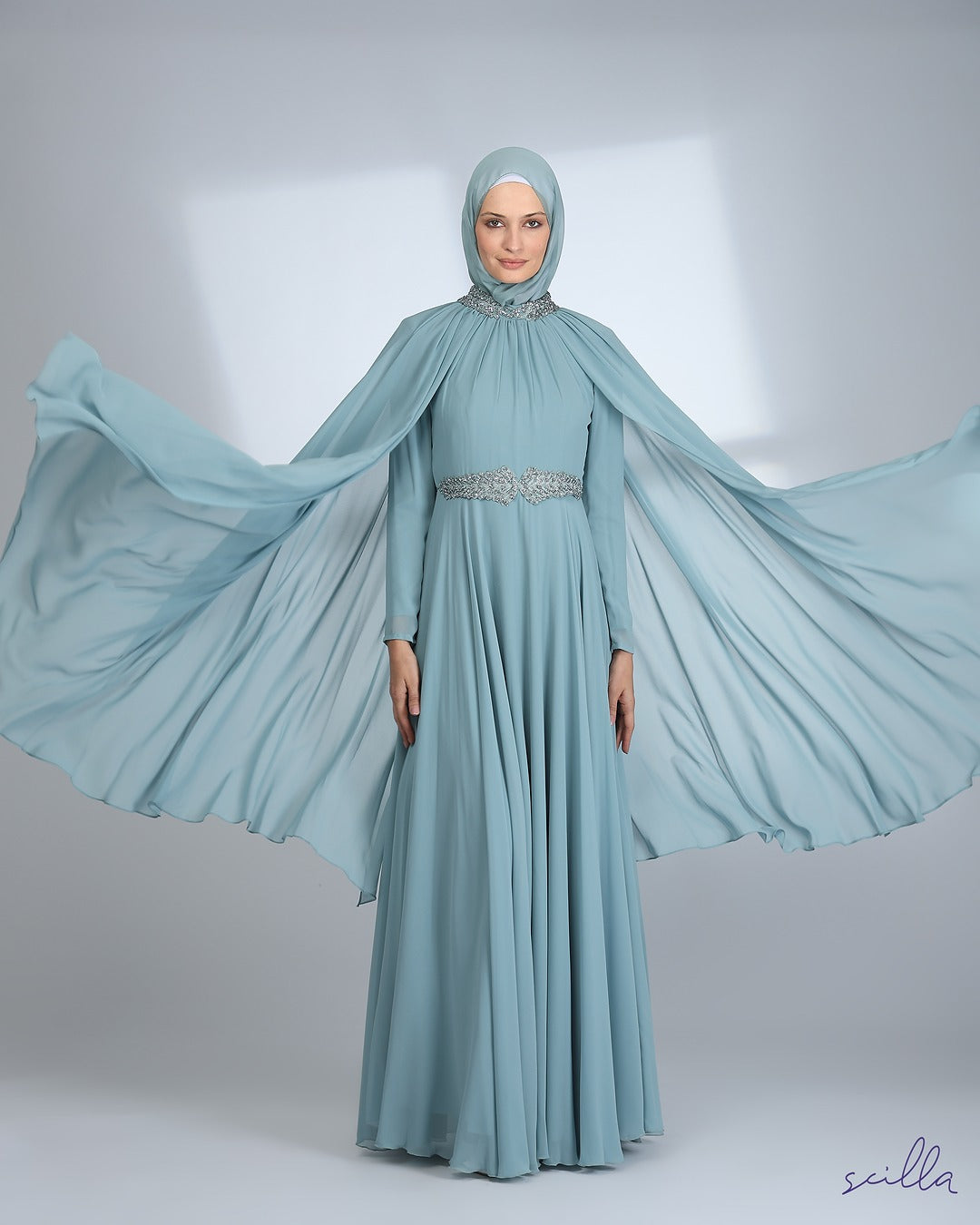 Mint Crepe Dress Abaya with Beads on Neck & Waist + Chiffon Gown