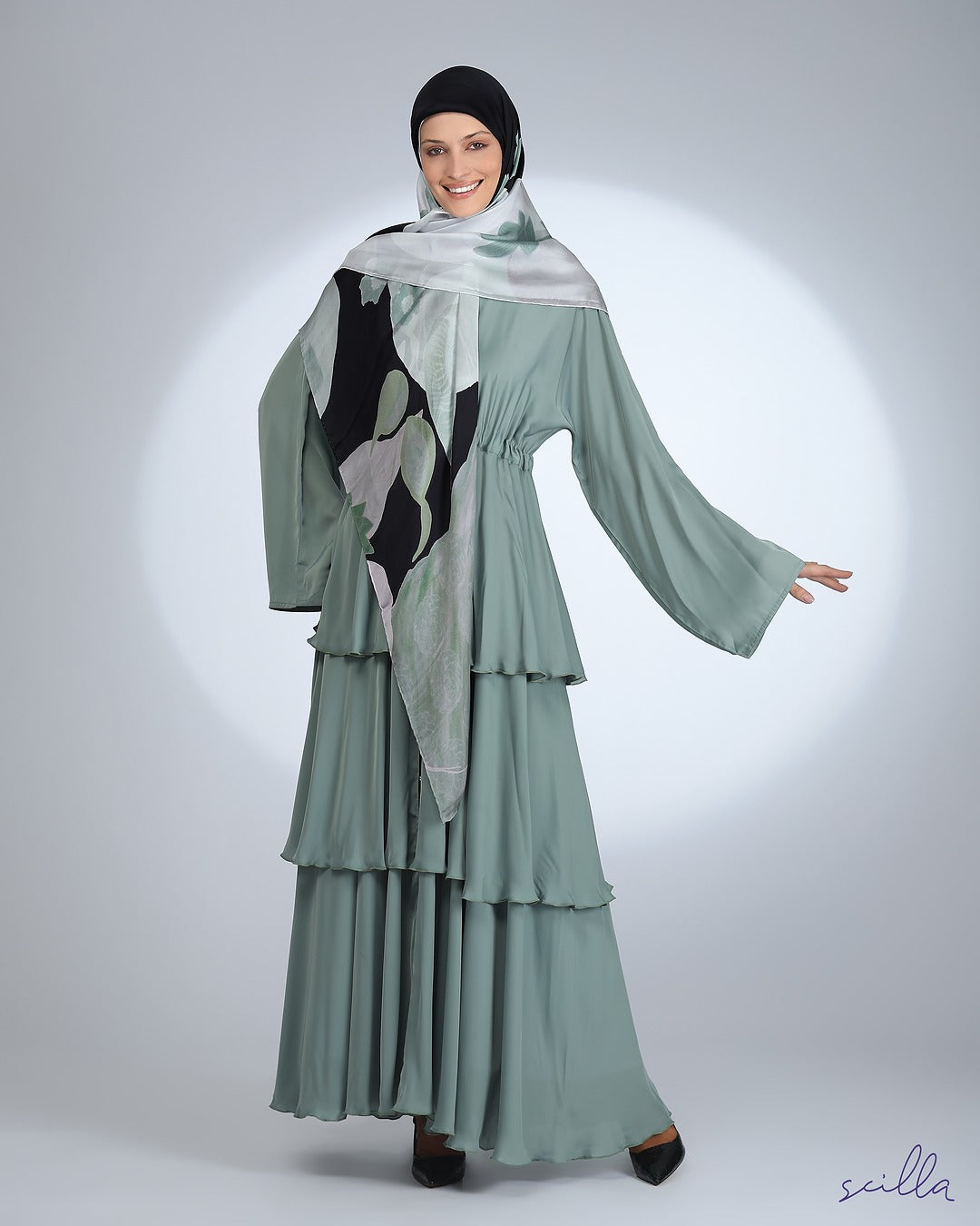 Mint Green Belted Satin Ruffle Abaya