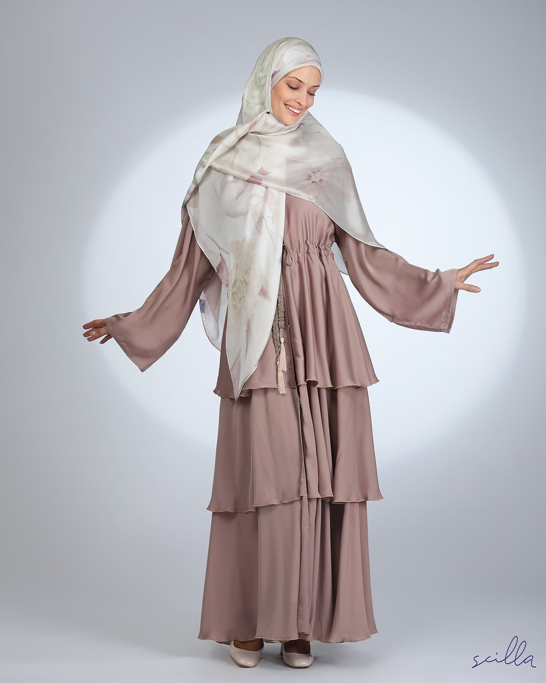 Nude Belted Satin Ruffle Abaya
