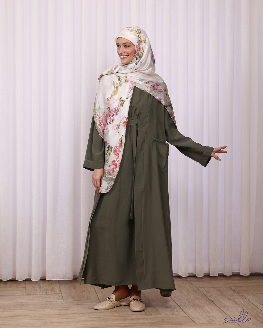 Olive Green Linen Twin Abaya with Pocket