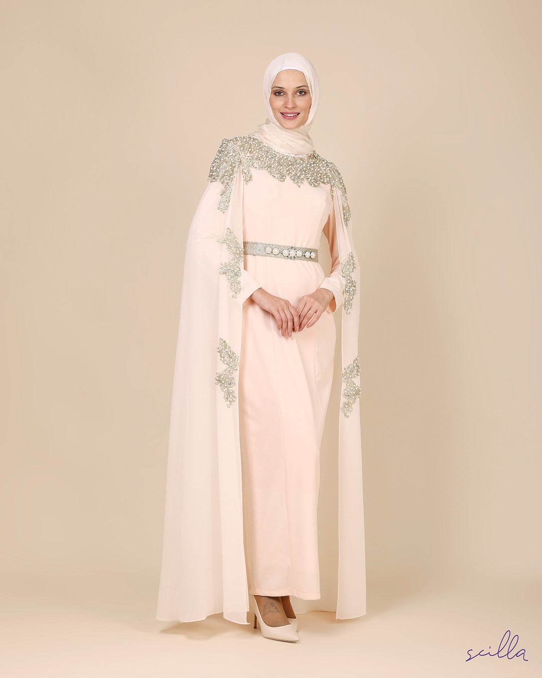 Peach Belted Crepe Dress Abaya with Gold & Pearl Embroidery + Chiffon Gown