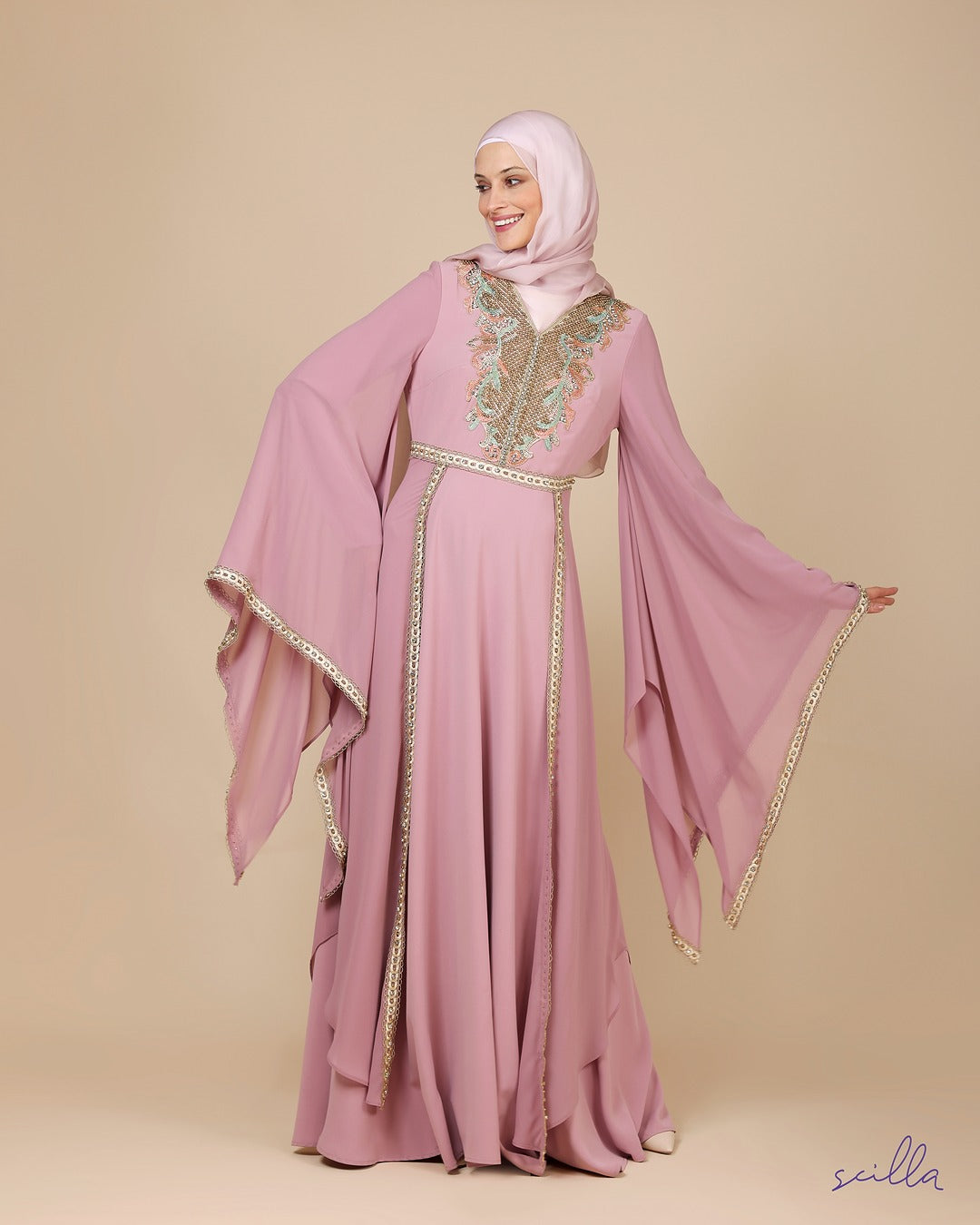 Pink Abaya with Colored Embroidery