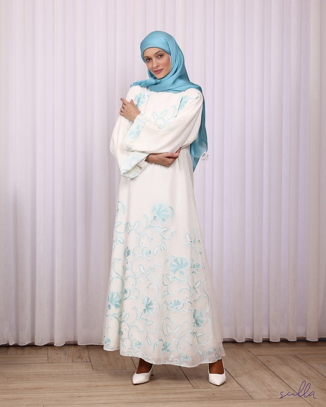 White Abaya with Blue Embroidery