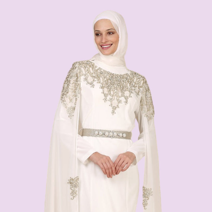 White Crepe Dress Abaya with Gold & Pearl Embroidery + Chiffon Gown