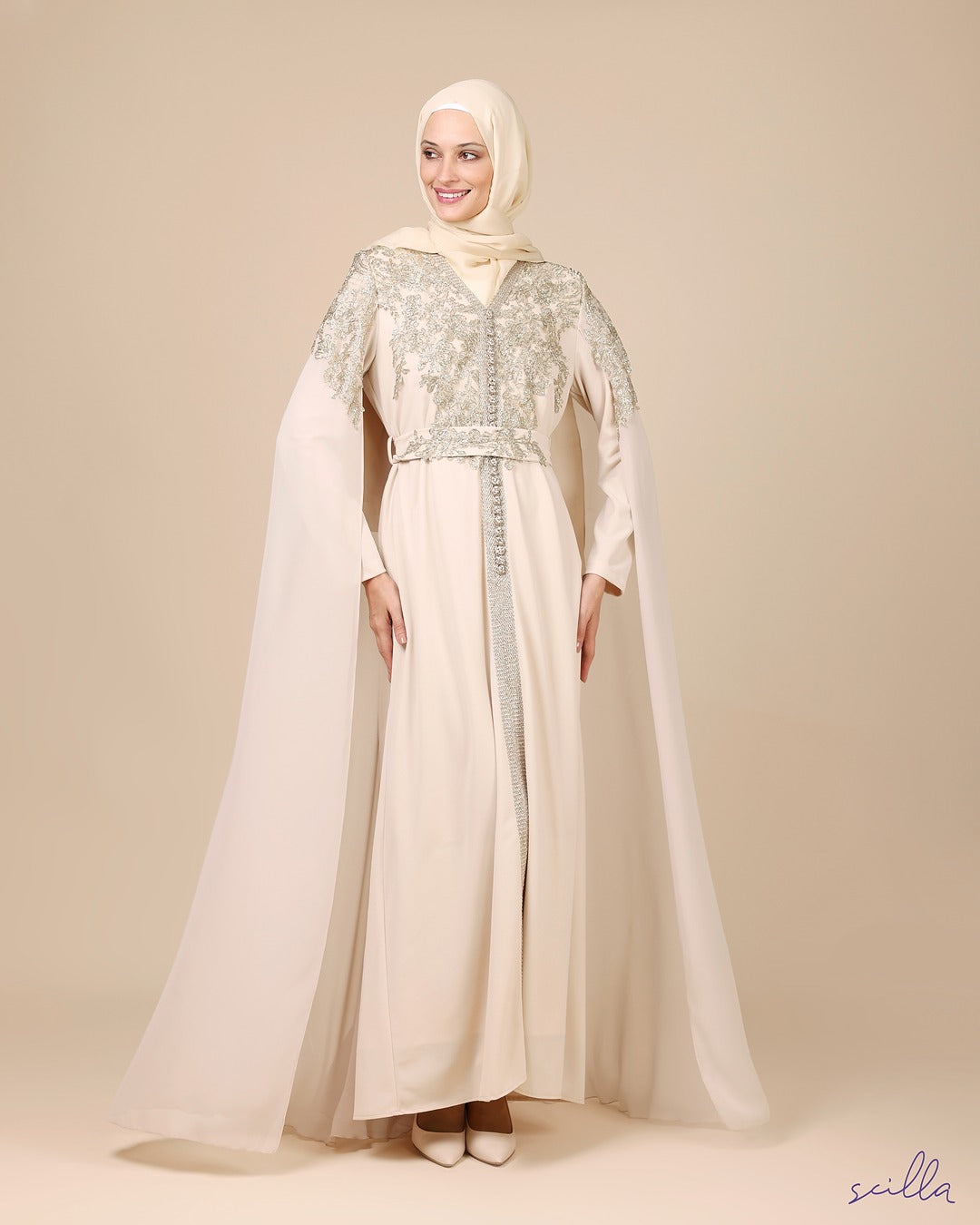 White Royal Crepe Dress Abaya with Gold Embroidery & Chiffon Gown
