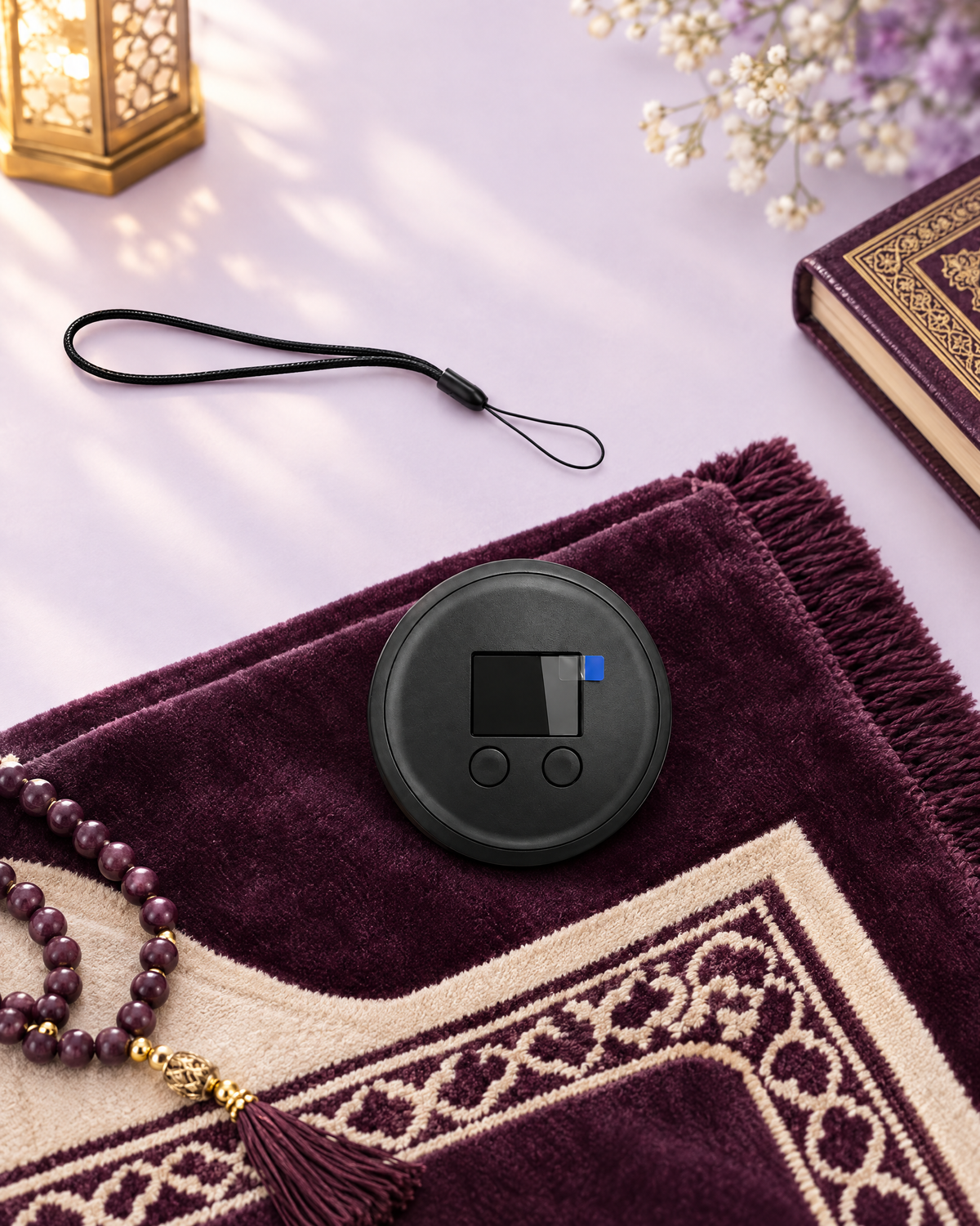 Smart Rakat Counter on a velvet prayer mat