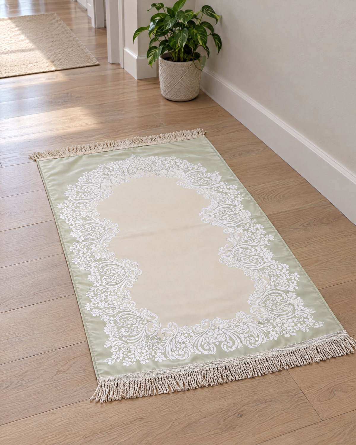 Satin padded Lace Jacquard prayer mat in a calm hallway corner