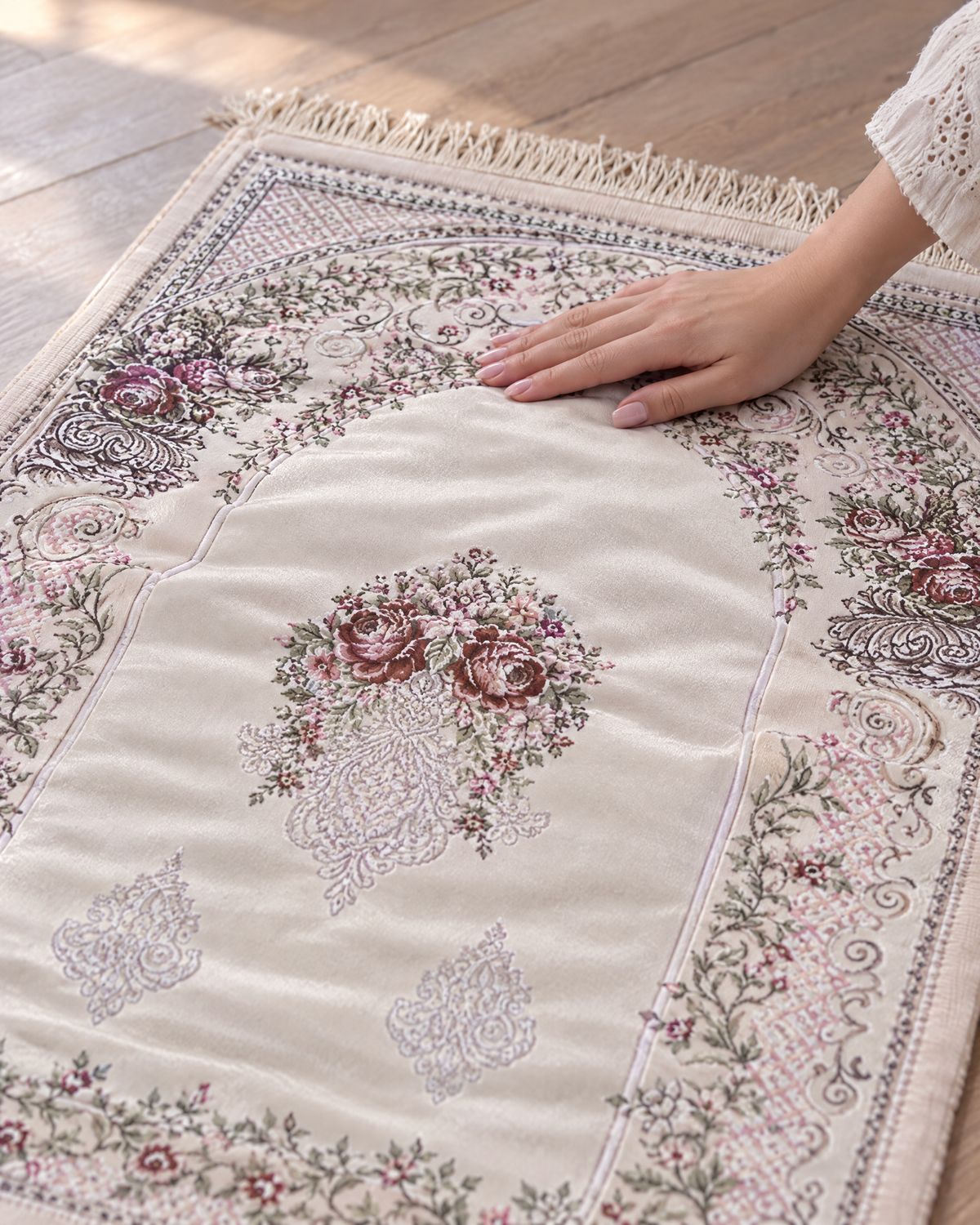 Close-up of the Heaven's Door prayer mat satin surface and floral arch