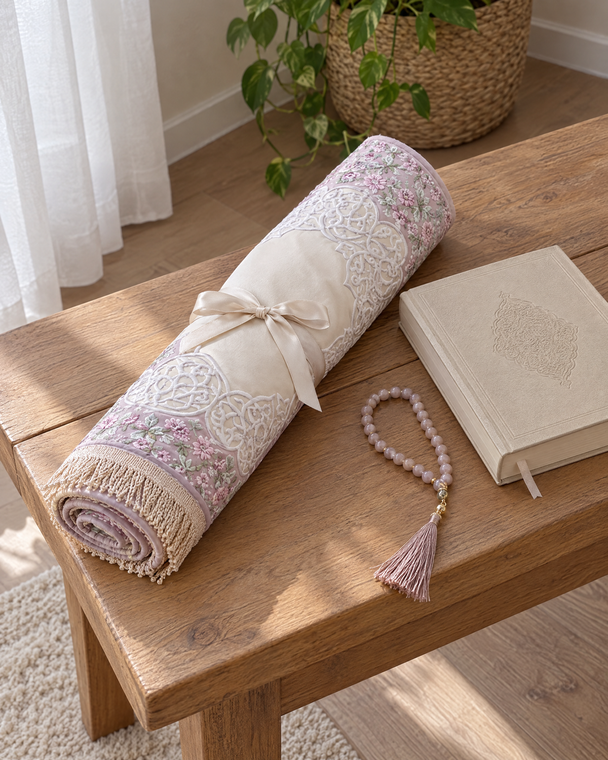 Rolled Floral Arabesque prayer mat with a Quran and masbaha