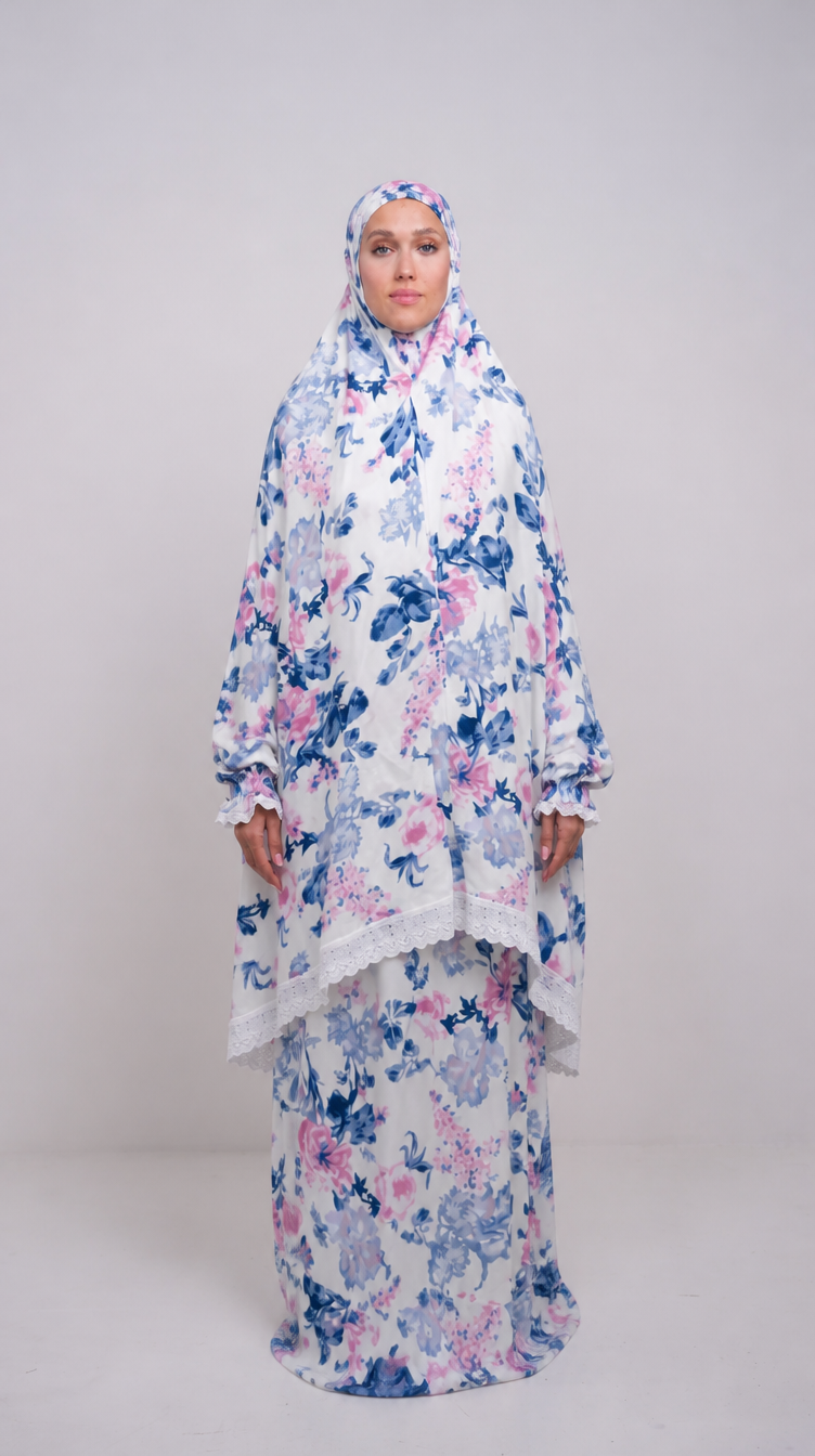 Ocean Bloom two piece prayer gown worn by model