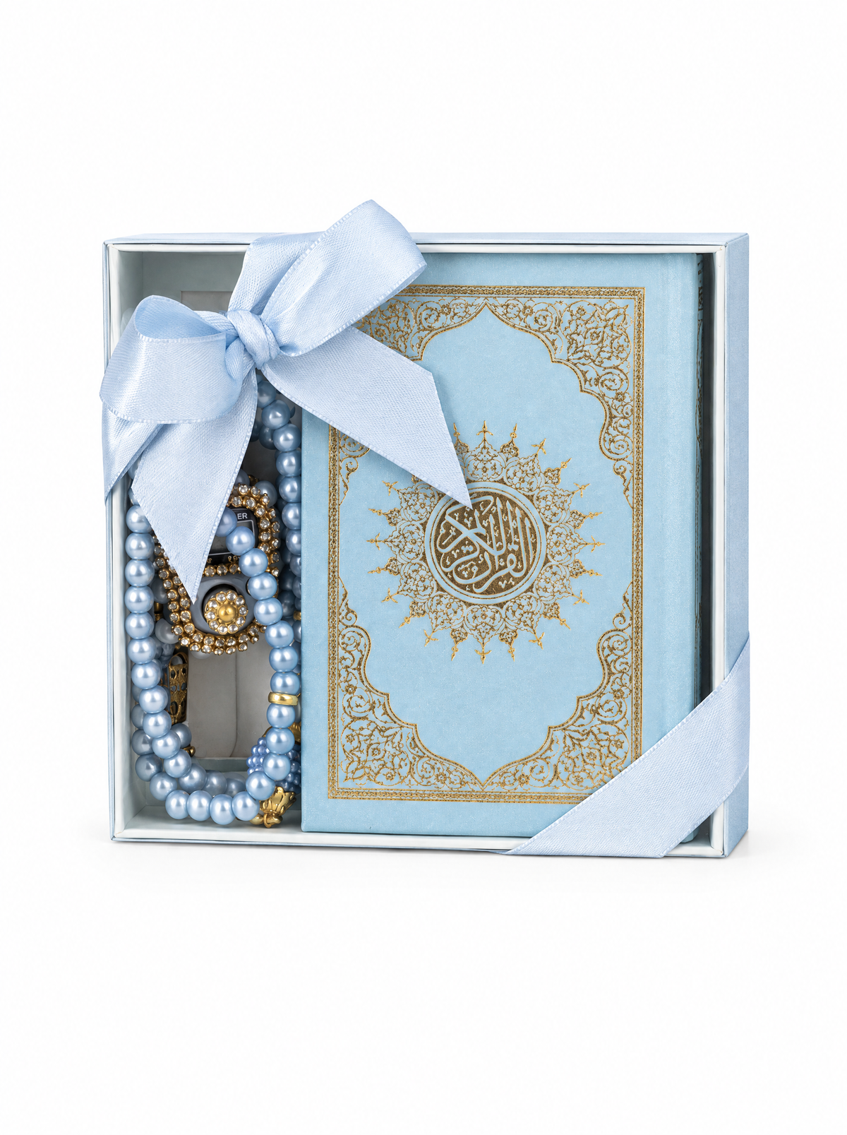 Blue compact set with small Quran, tasbih and prayer counter on white