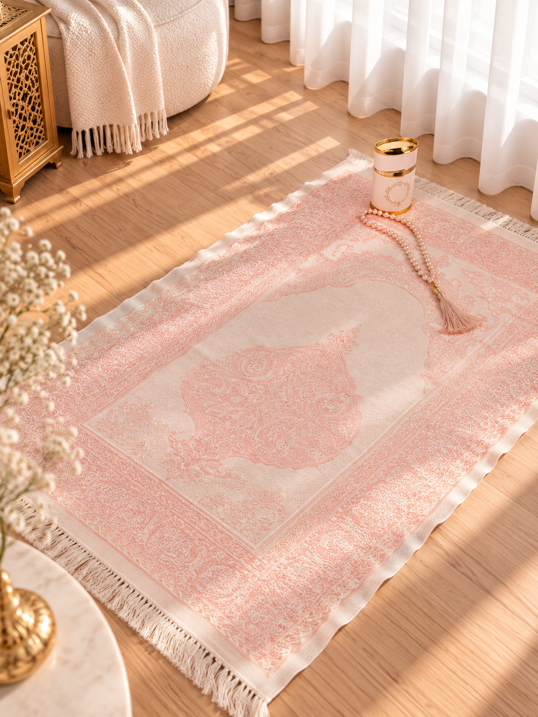 Pink Prayer Mat Set with Prayer Beads