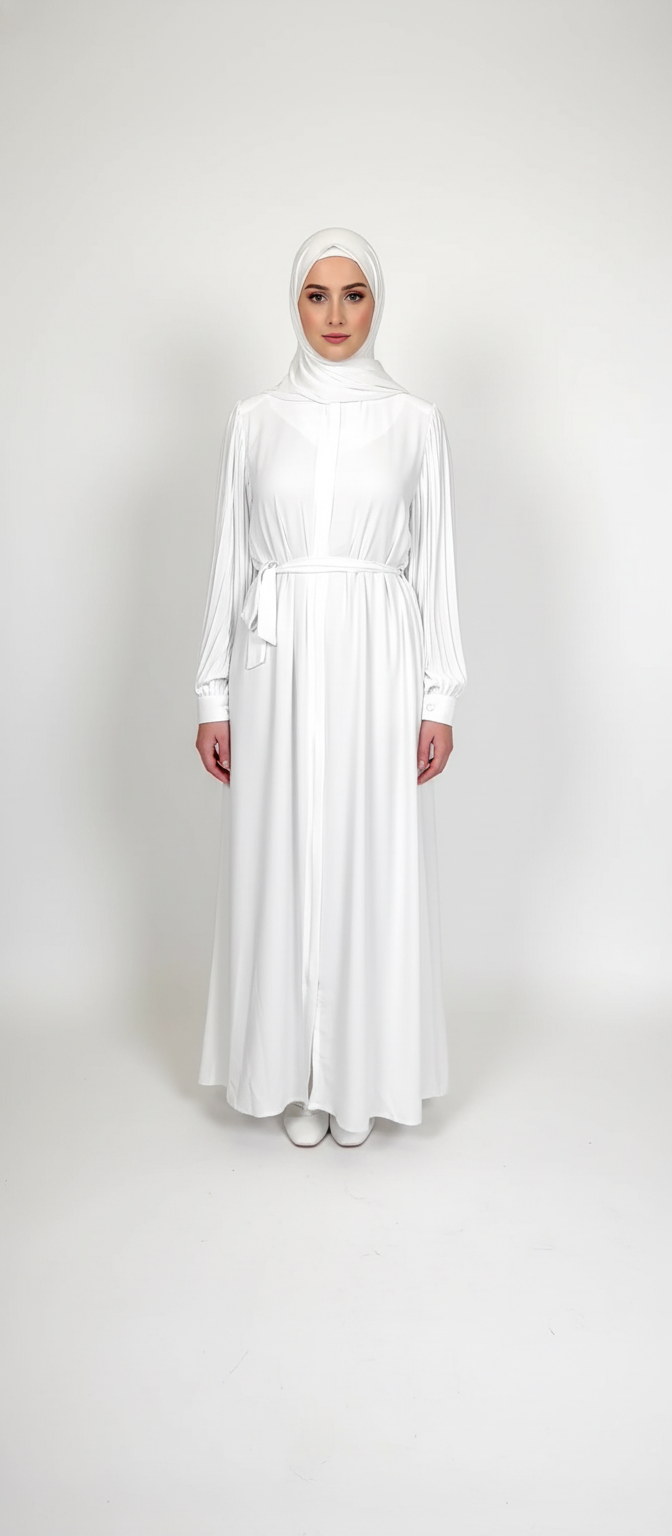 white Abaya pleated sleeves