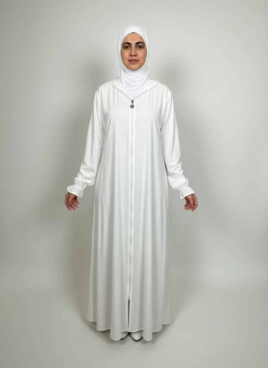 White abaya with zipper and gathered sleeves Minival