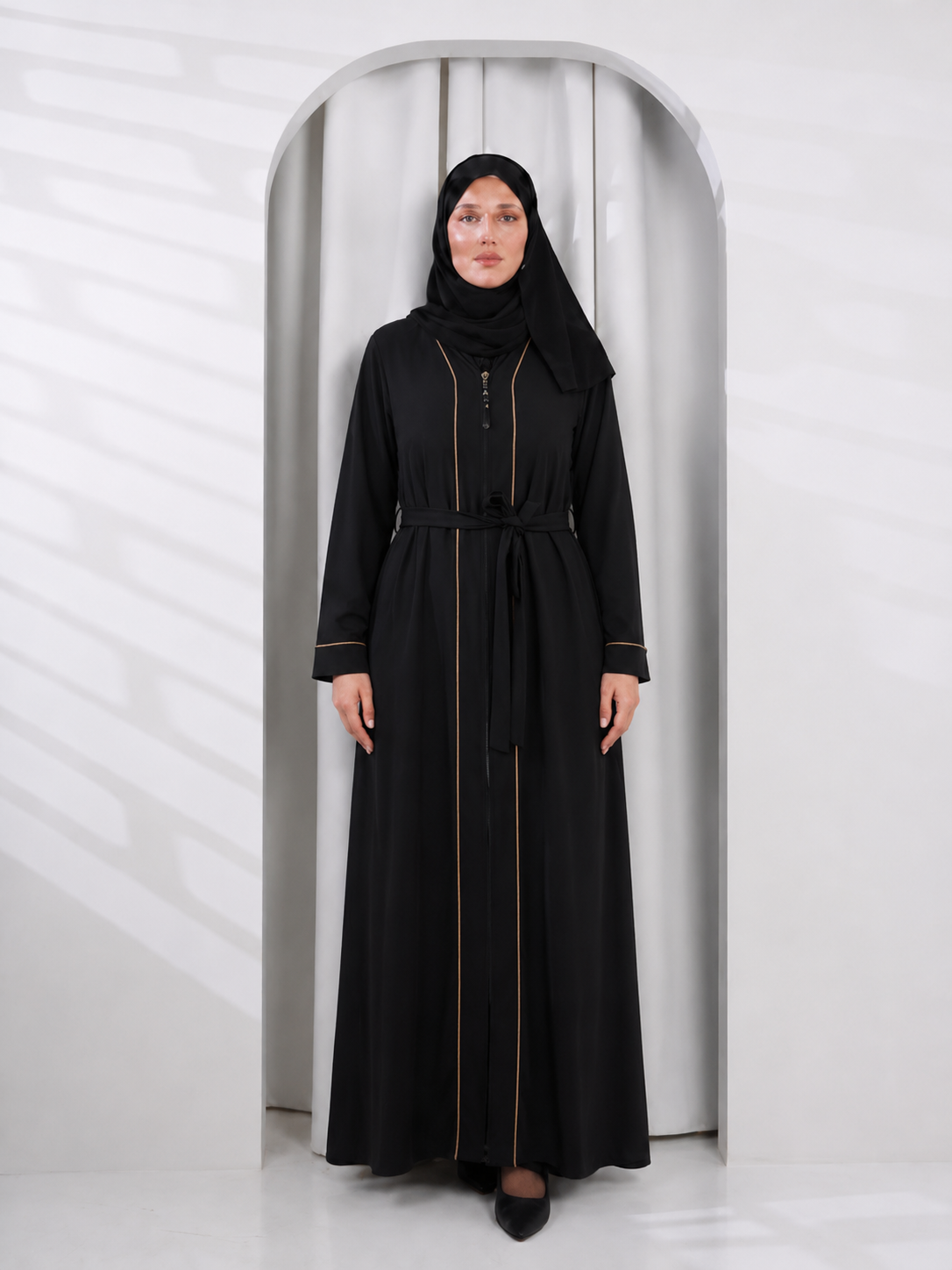 Black Zipper Abaya with Beige Line