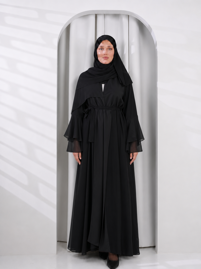 Open black chiffon ruffled sleeves abaya