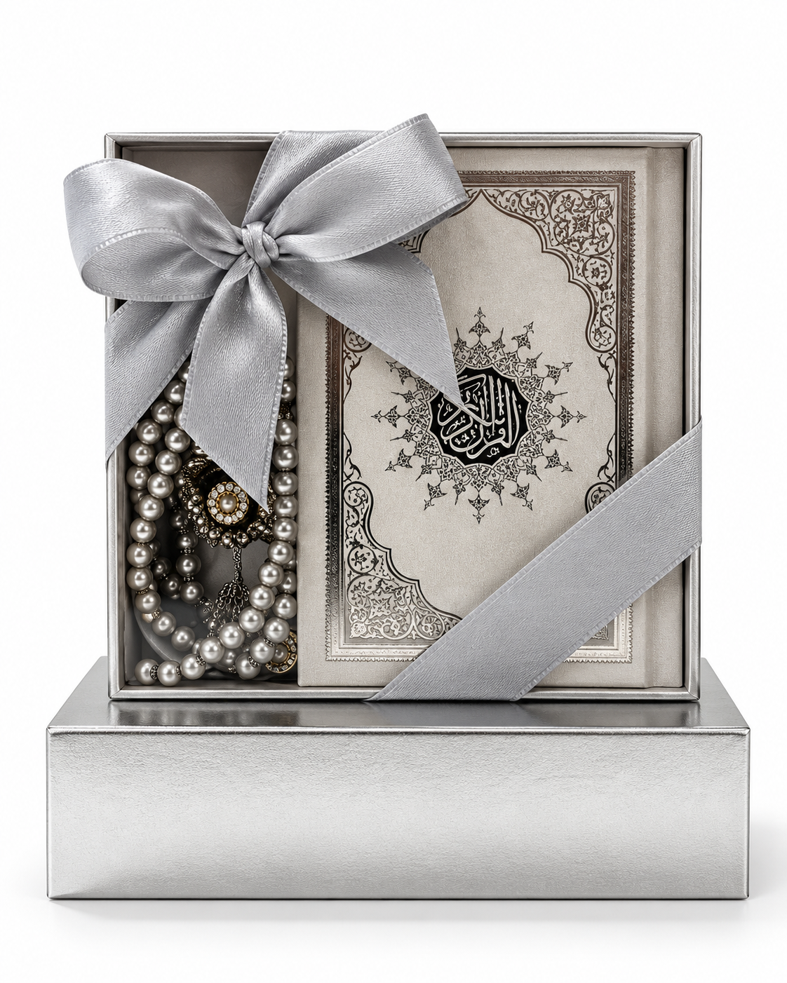 Silver compact set with small Quran, tasbih, and prayer counter