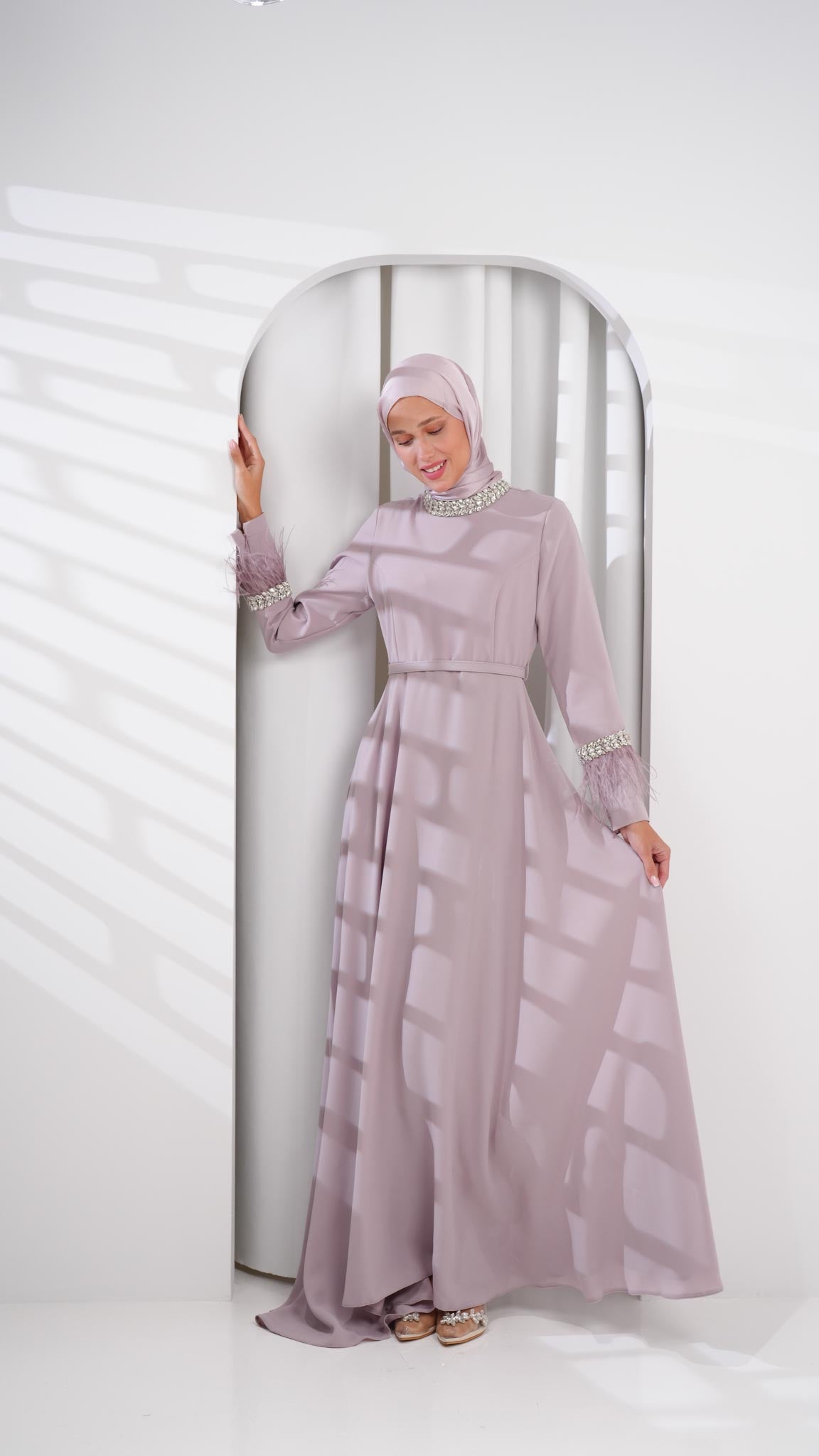 purple abaya dress with leather and crystals on sleeves