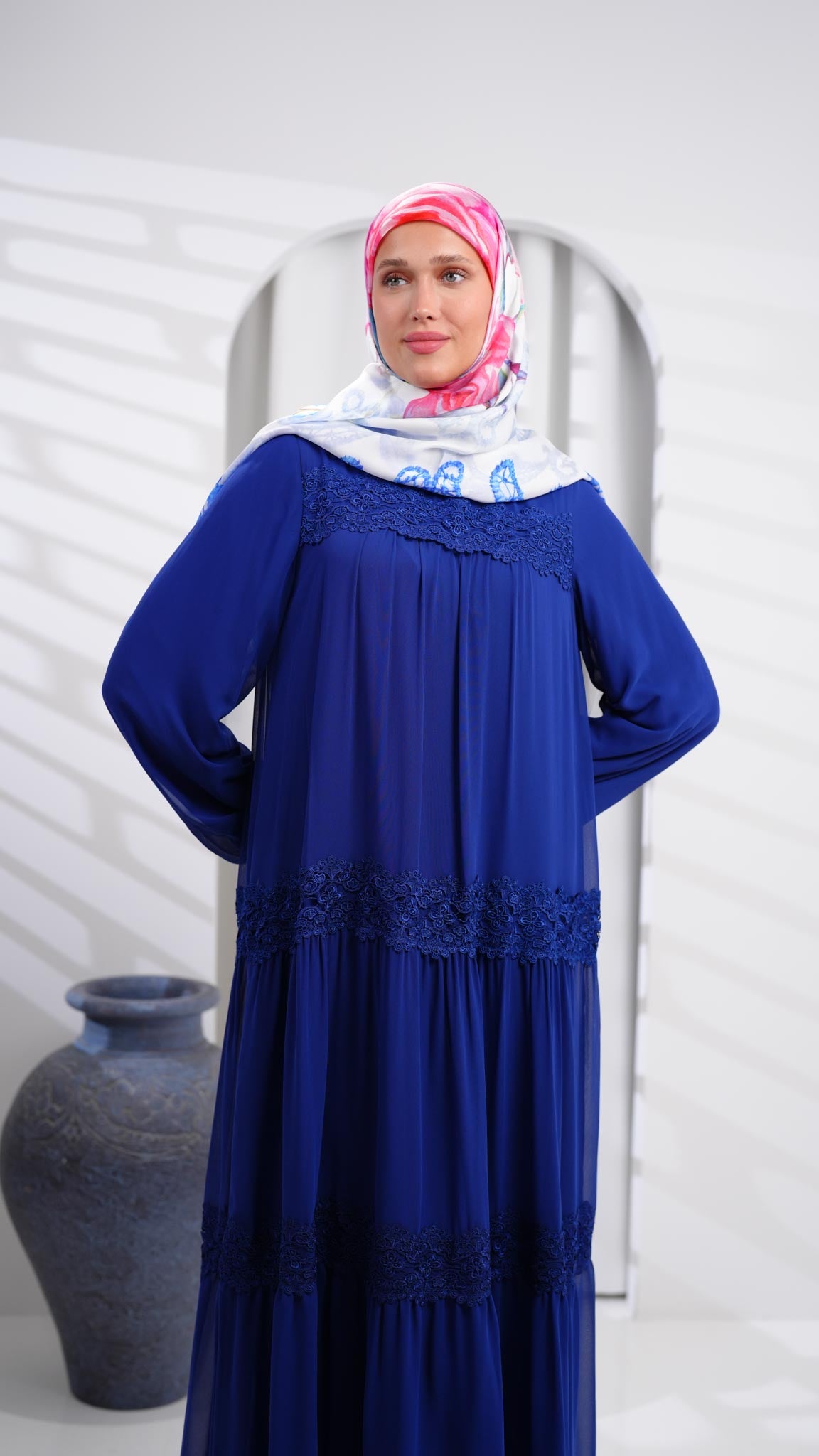 indigo abaya dress with guipure