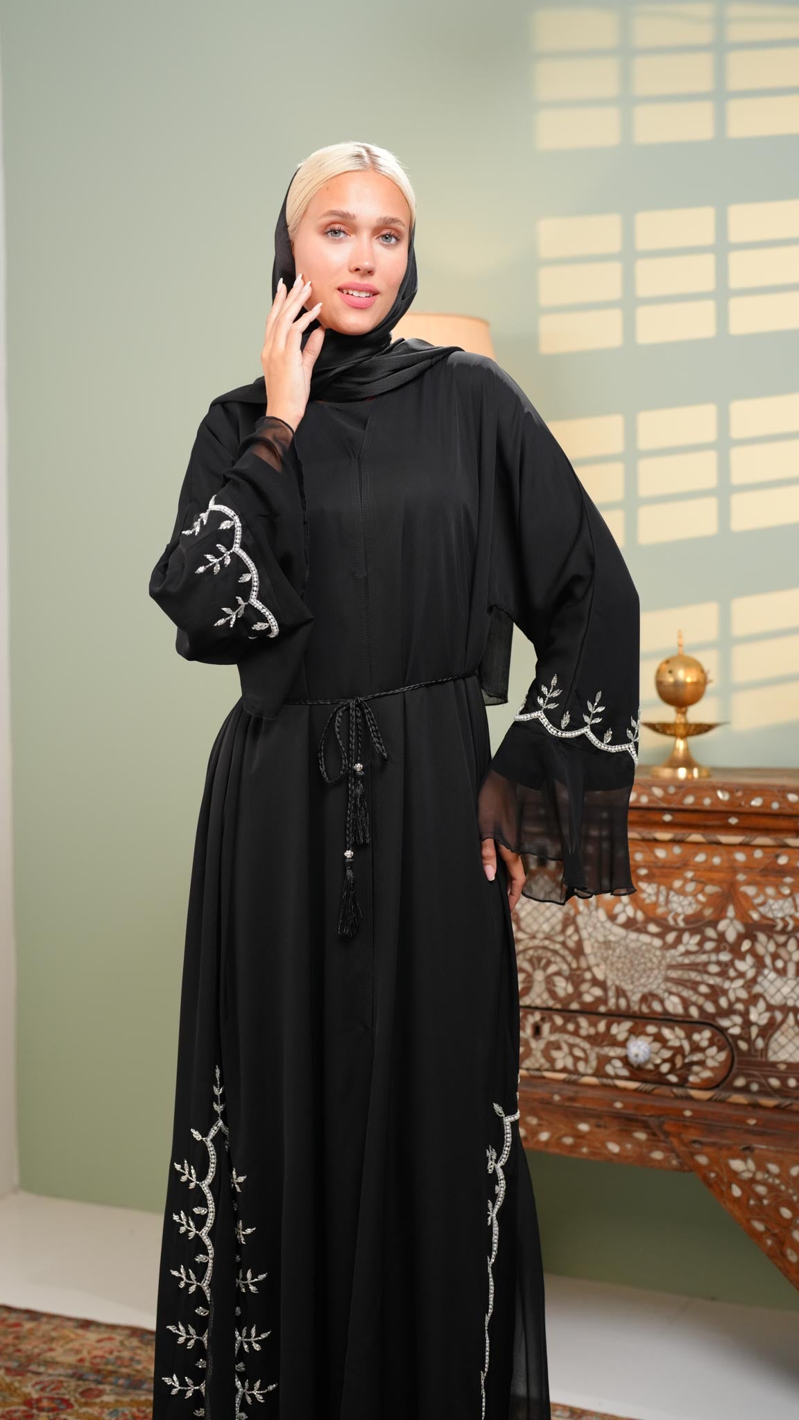 black khaliji abaya with chiffon and beads on sleeves and sides
