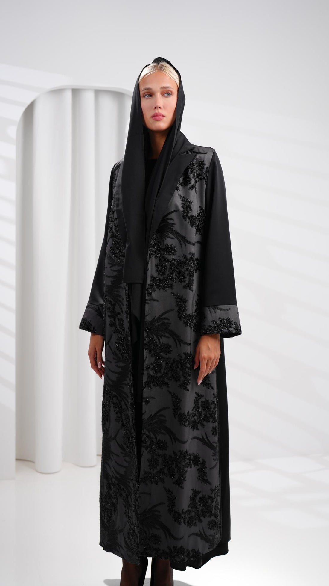 long black and grey embroidered blazer abaya
