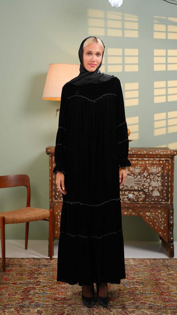 Velvet black abaya dress with grey stitch
