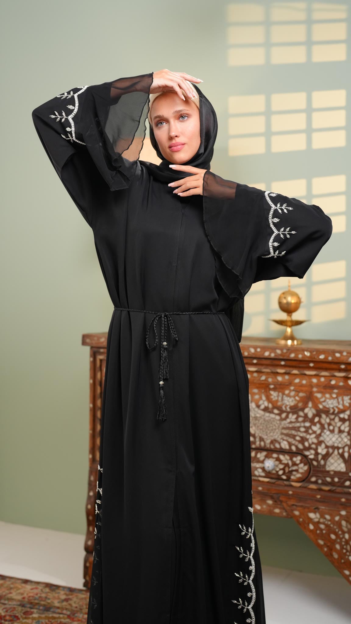 black khaliji abaya with chiffon and beads on sleeves and sides