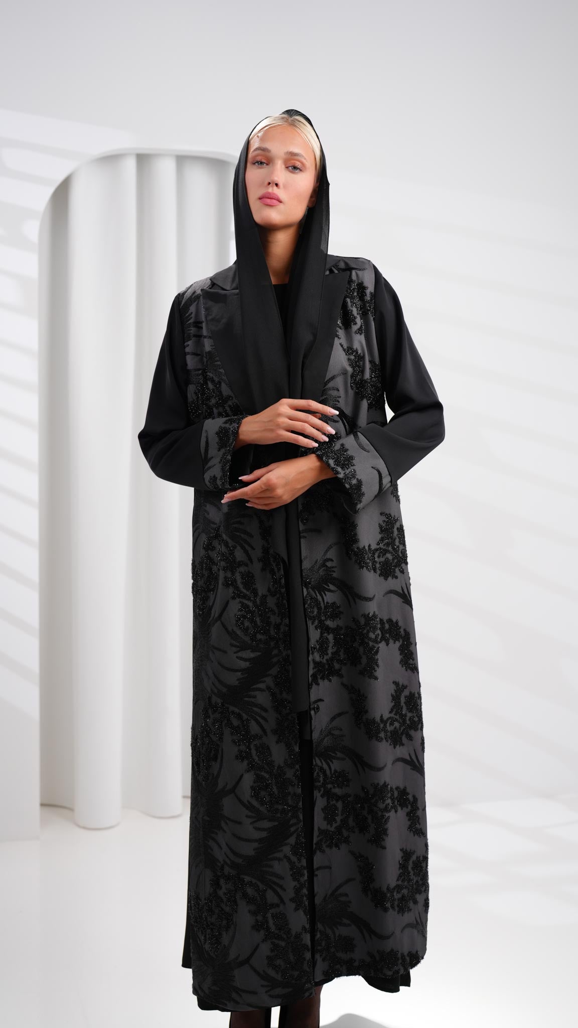 long black and grey embroidered blazer abaya