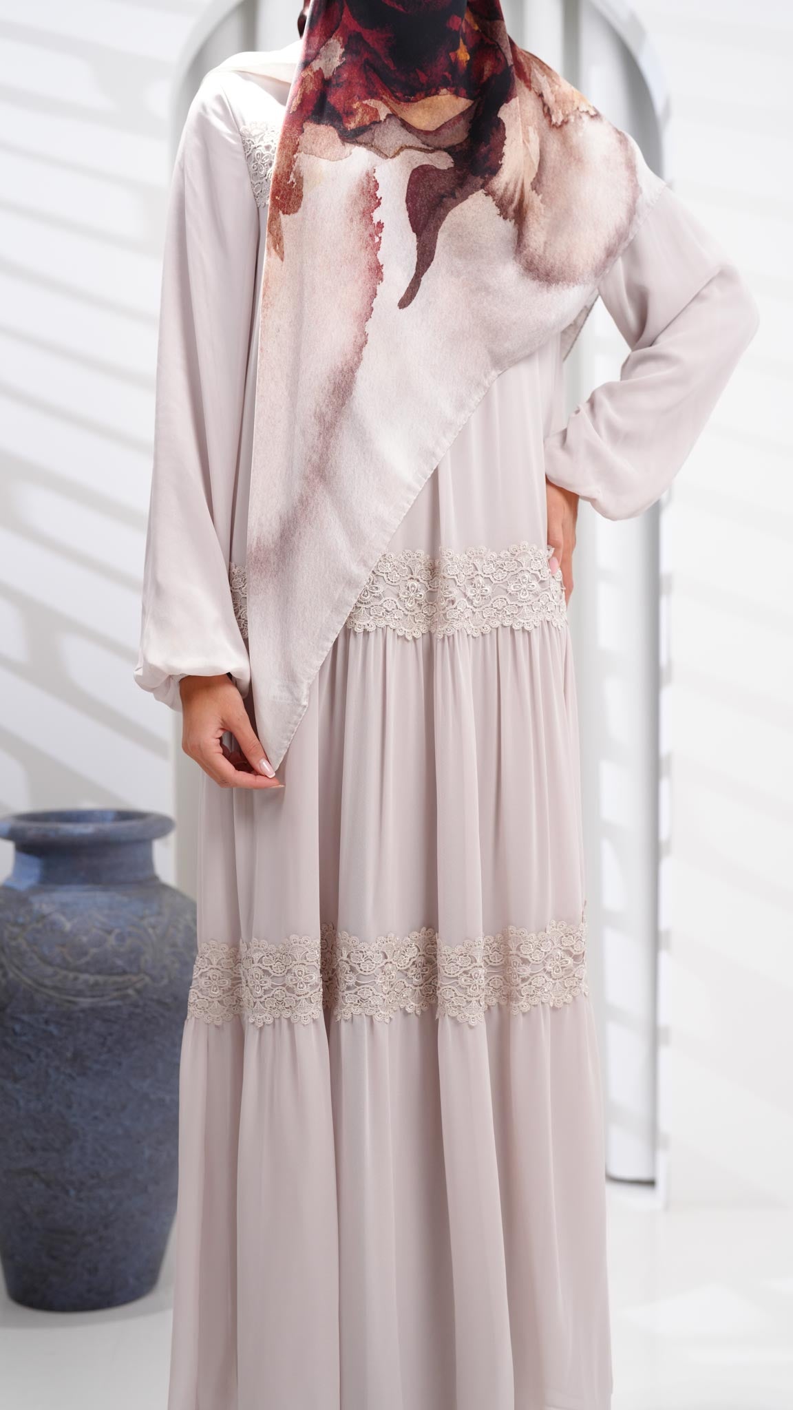 beige abaya dress with guipure