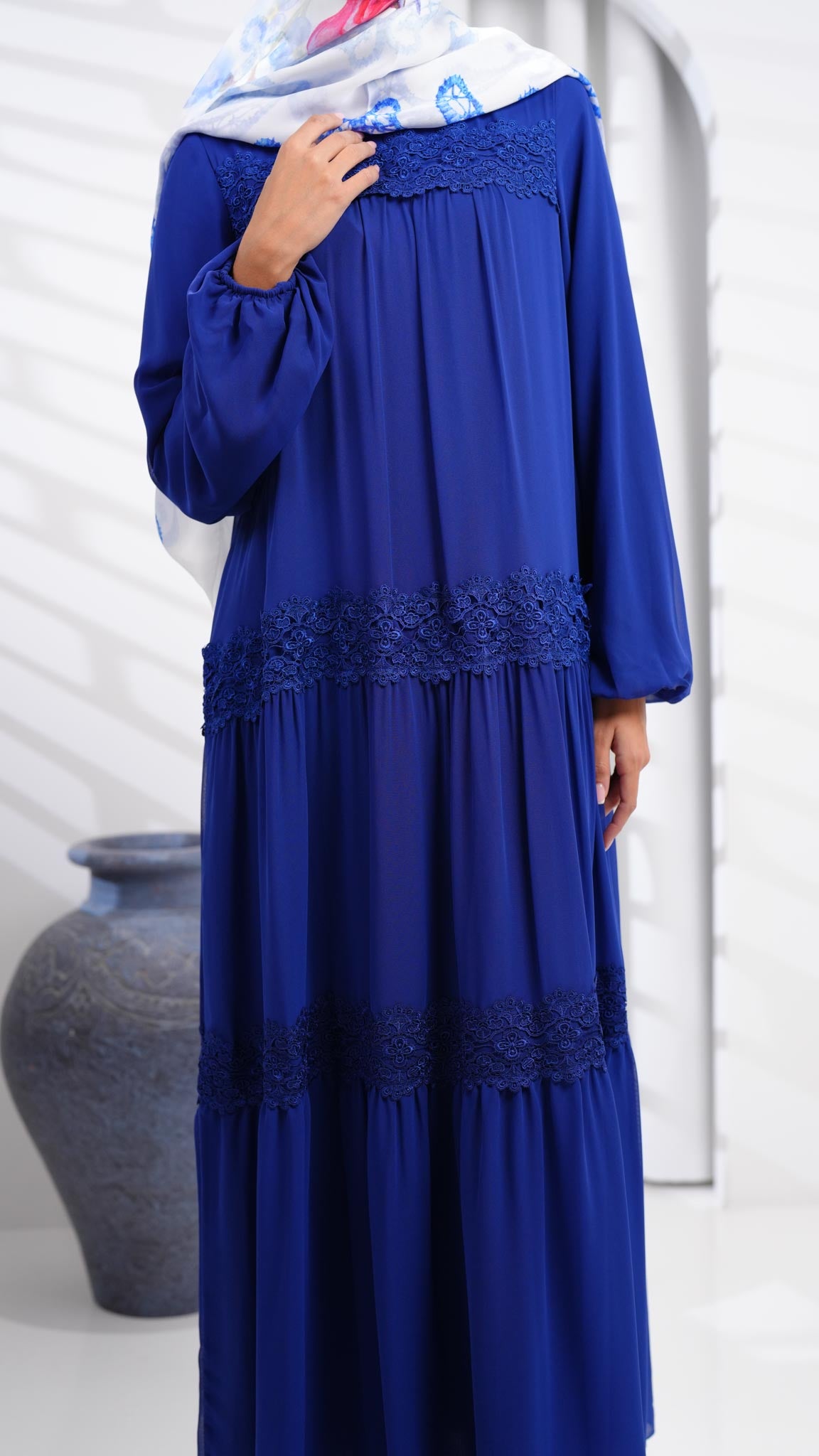 indigo abaya dress with guipure