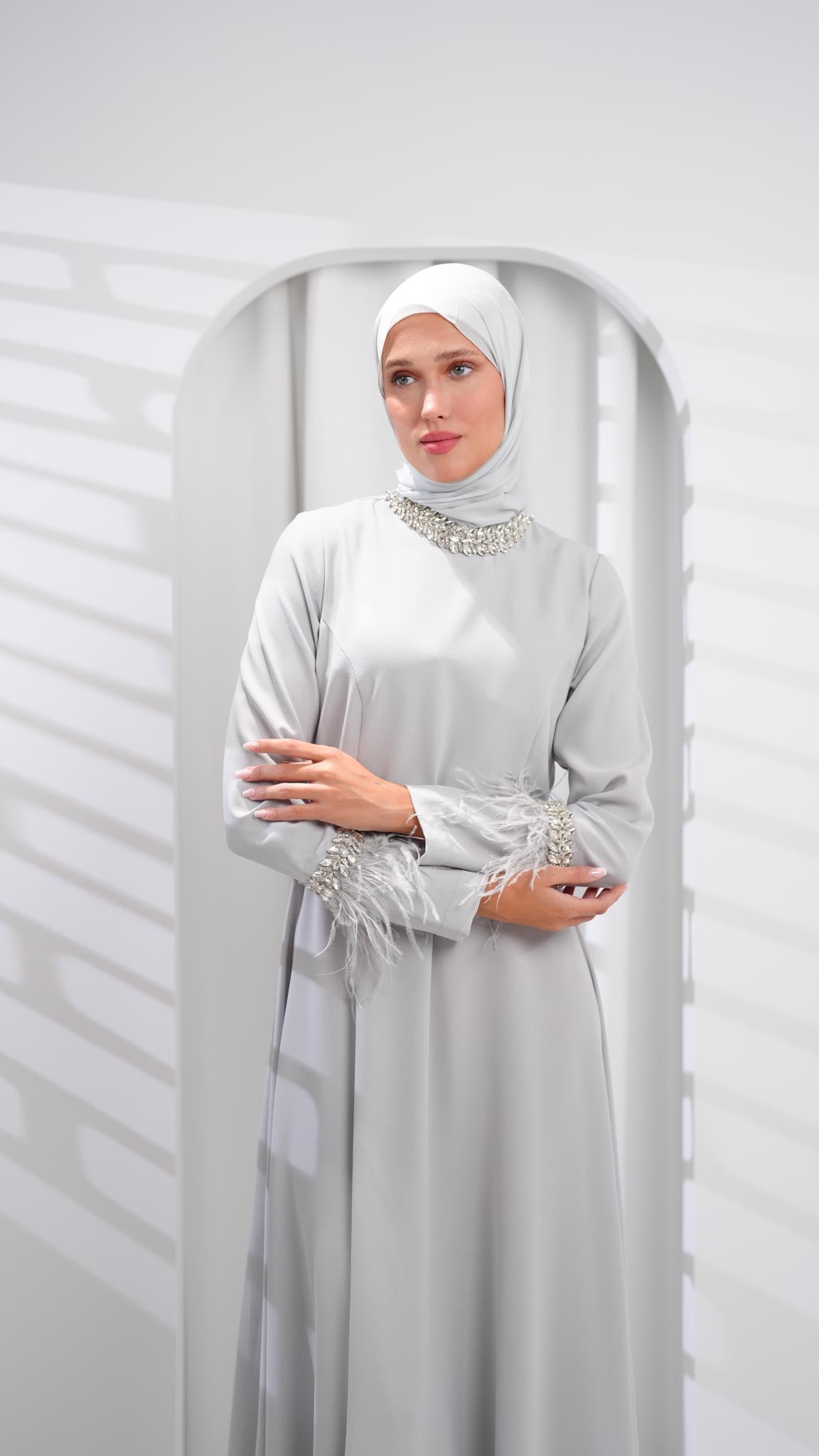 grey abaya dress with leather and crystals sleeves