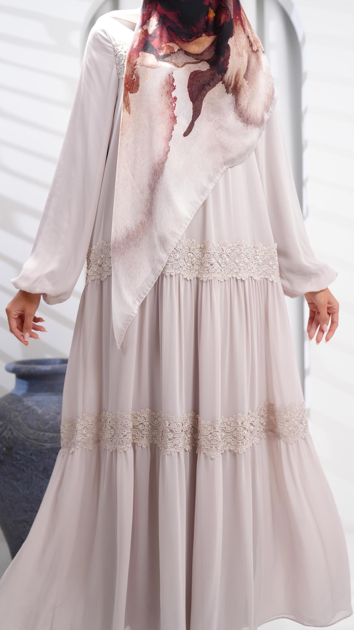beige abaya dress with guipure