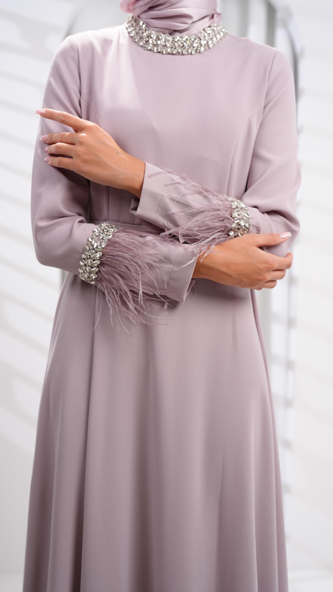 purple abaya dress with leather and crystals on sleeves