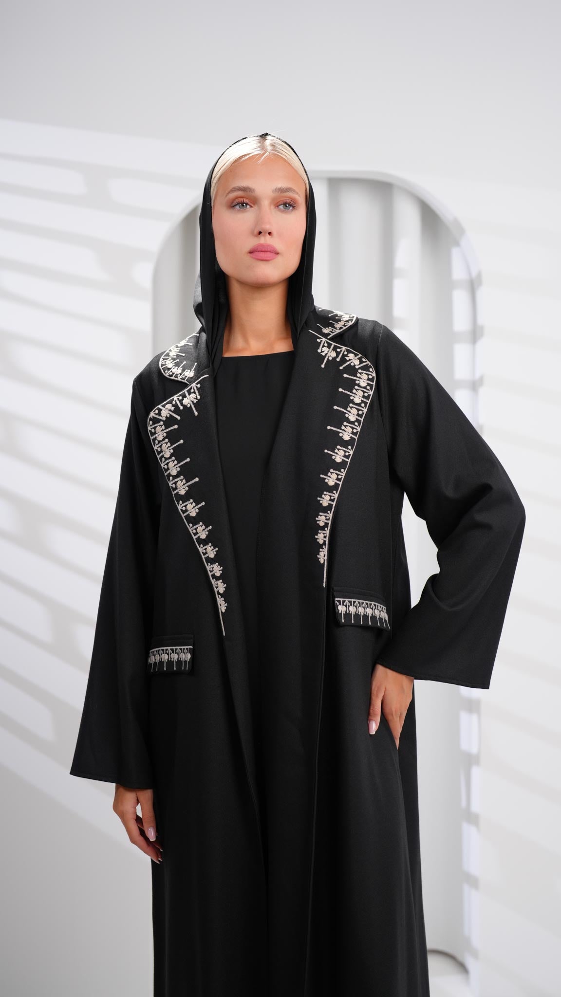 long black and white embroidered blazer abaya
