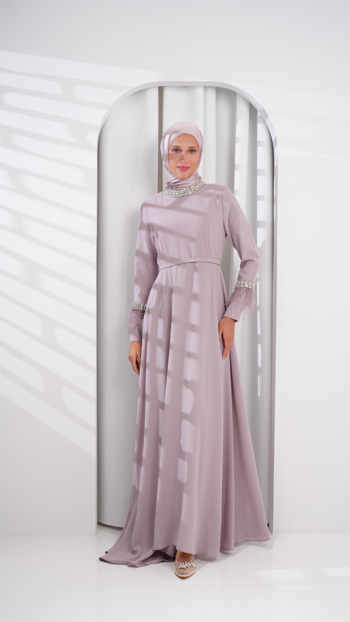 purple abaya dress with leather and crystals on sleeves